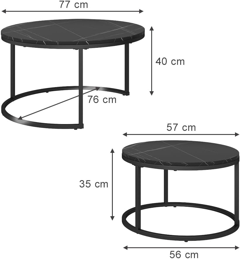 Vicco Couchtisch-Set Montreal, Schwarz/Schwarzer Marmor, 77 x 40 cm 2 Teile 2er Set Schwarz, 2er Set