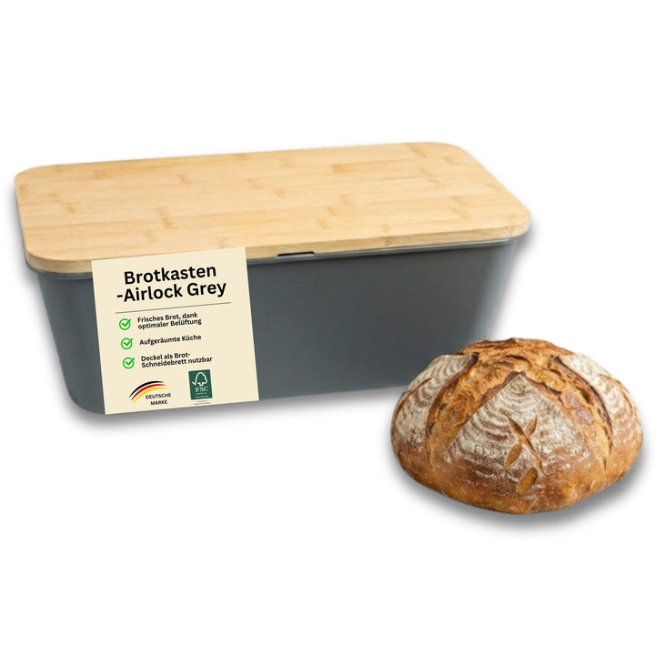MOON HOME Brotkasten - Airlock Grey, mit vielseitigem Deckel aus Bambus/Holz als Brotschneidebrett,
