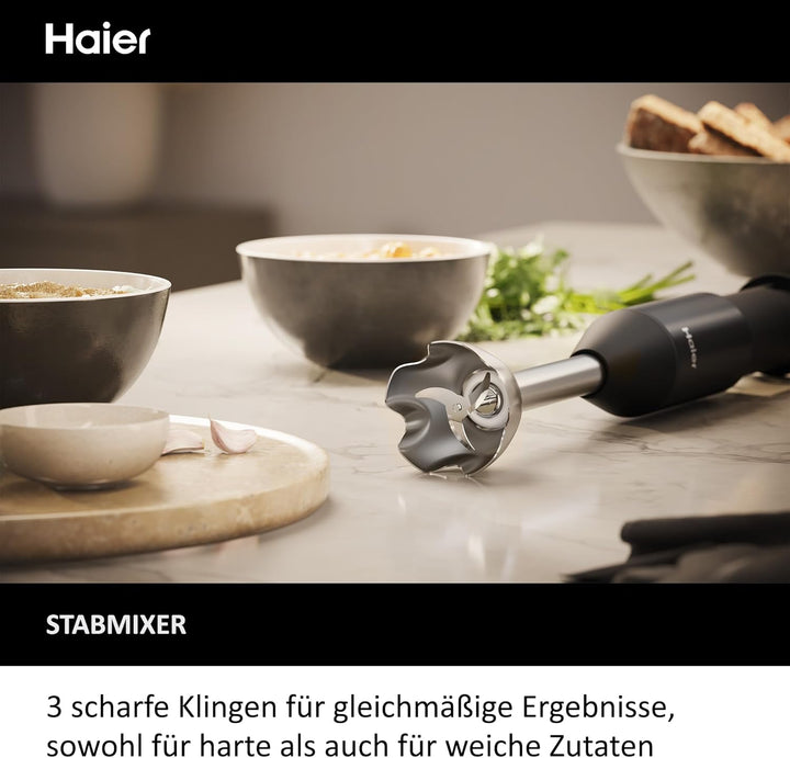 Haier Stabmixer aus Edelstahl + Messbesser I 1000W Pürierstab mit variabler Geschwindigkeit & 3 Klin