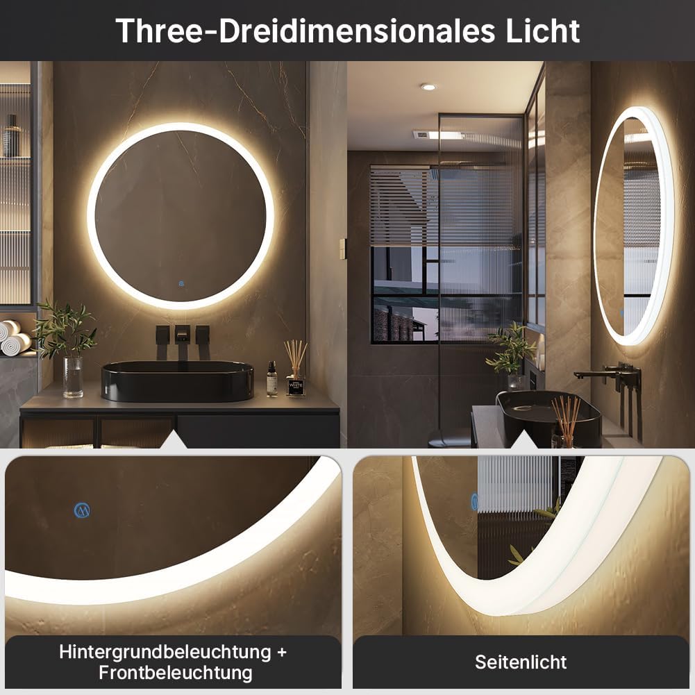 60cm Runder Badspiegel mit Beleuchtung, 3D Edge Lighting, 3 Farbtemperaturen, Dimmbar, Badezimmerspi