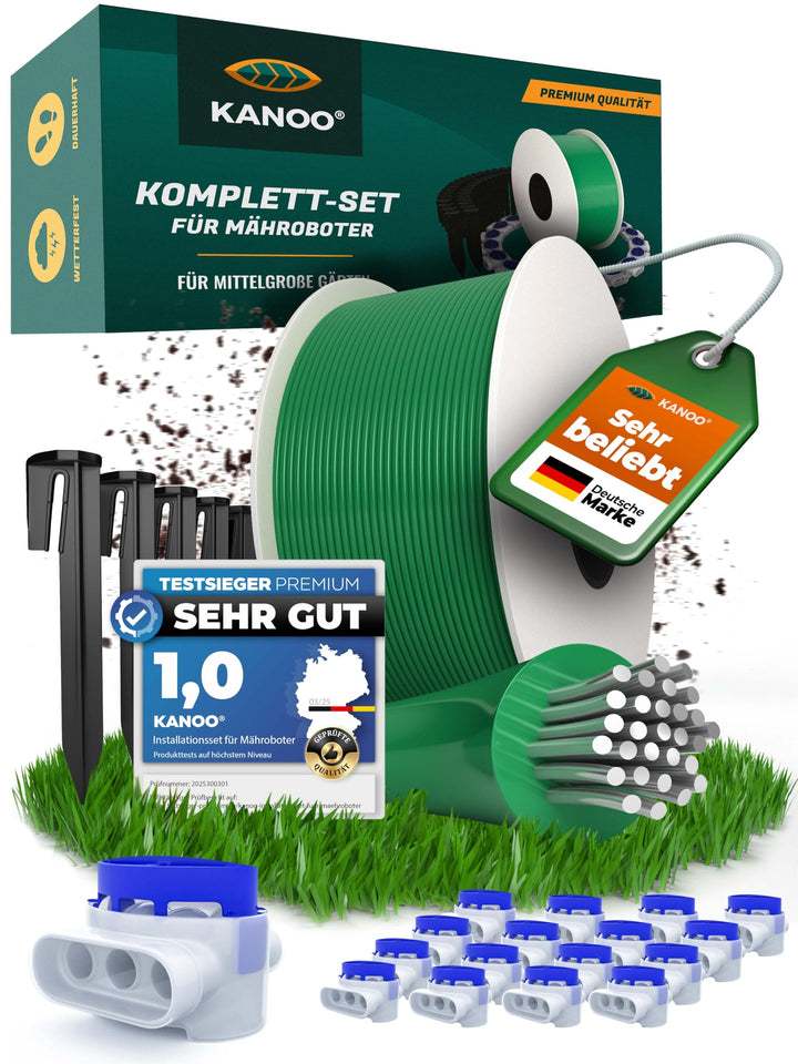 Mähroboter Begrenzungskabel Set – Kabel + Erdnägel + Kabelverbinder + Anschlussklemmen – Komplettset