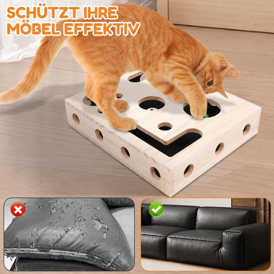 Beschäftigungsbox Krallenfeile Katze, 29,5×24,5×6 cm Kratzpuzzle Spielbox Holz Katzen Kratzbrett mit