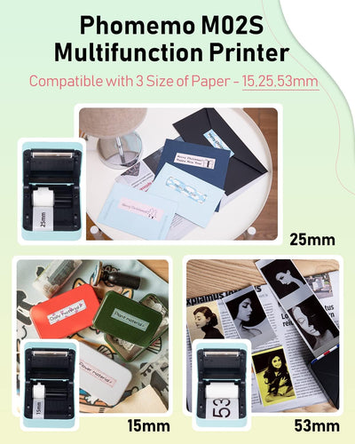 Phomemo M02S Mini Drucker, 300 DPI Thermodrucker mit 6 Etikettenrollen, Taschendrucker Sticker Druck