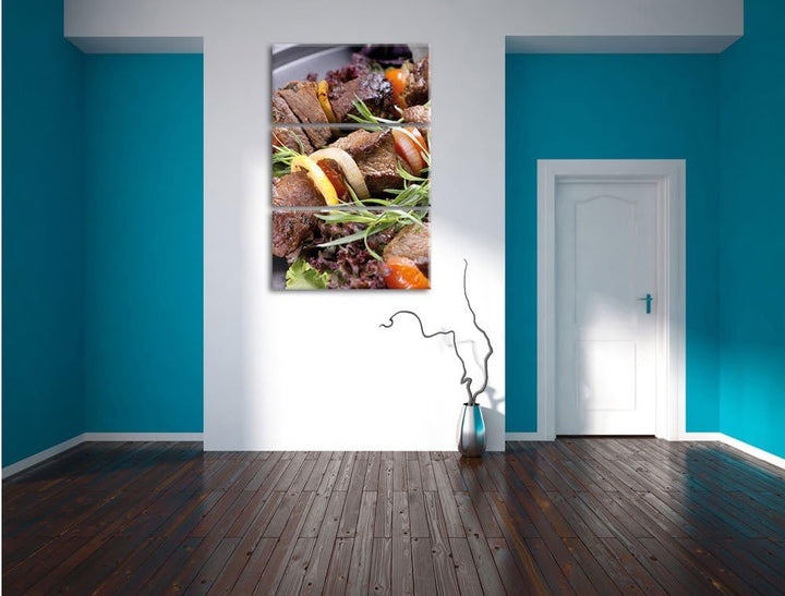 Pixxprint Schaschlik Fleischspiess / 3-Teilig/Gesamtmass 120cm Leinwandbild bespannt auf Holzrahmen/