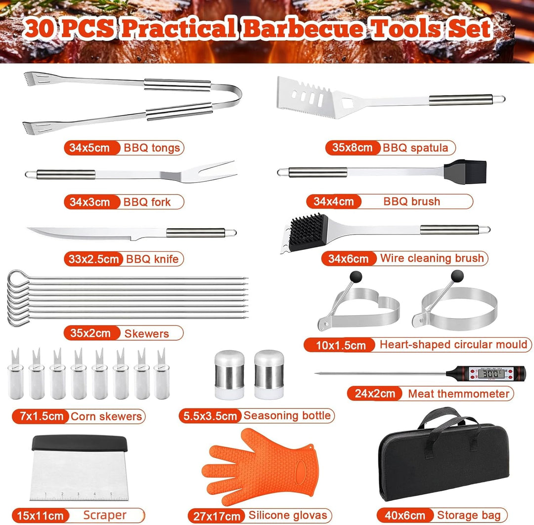 BBQ Grillbesteck Set 30 Grillzubehör aus Hochwertiger Edelstahl Grillzange Grillspachtel Korkenziehe