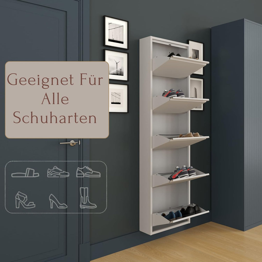 furni24 Schuhschrank, 5 Klappen, Metall, 10–14 Paar, wandmontierbar, vormontiert – Grau 5 Klappen Gr