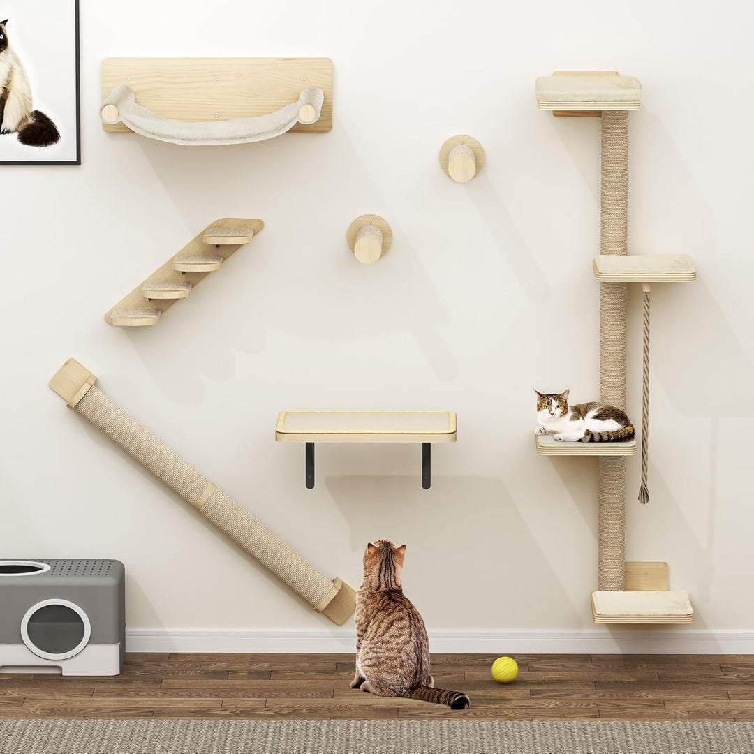 YITAHOME 7PCS Kletterwand Katzen, Katzen-Wandmöbel aus Holz, Katzen-Kletterbaum mit 3 Kratzbäumen/4