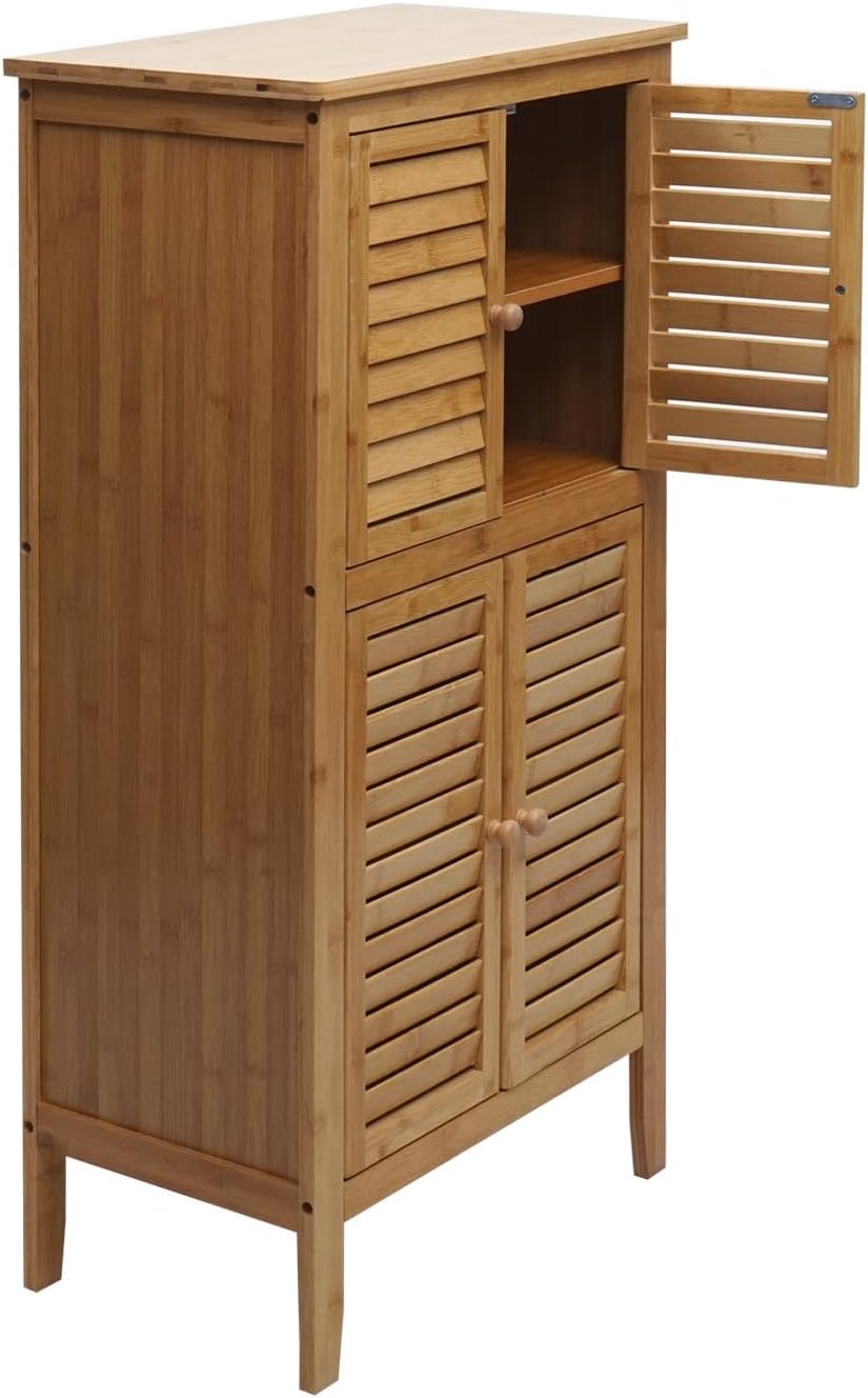 Badezimmerschrank HWC-B18, Regal Kommode, 4 Türen Bambus 100x50x30cm