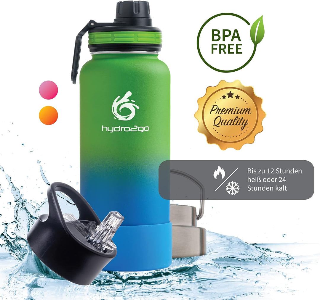 hydro2go ® Trinkflasche aus Edelstahl 1000 ml / 1 Liter - für Sport, Fitness & Outdoor | Thermo Edel