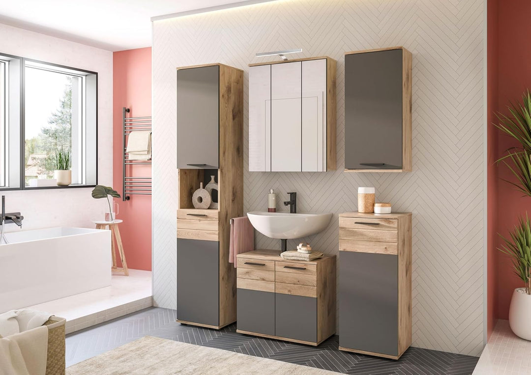 xonox.home X11B8701 Mason Standschrank Bad Grau, Badezimmerschrank Kommode 37 x 87 x 34 cm, Standsch