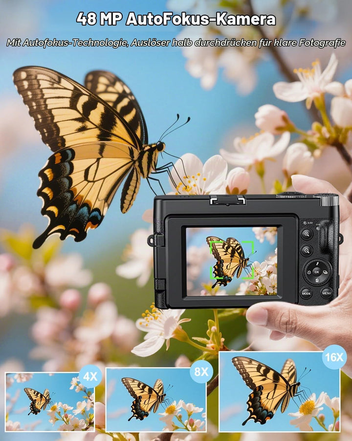 CAMKORY 4K Digitalkamera 48MP Kompaktkamera Fotokamera Autofokus mit 180° Flip-Bildschirm,16X Digita