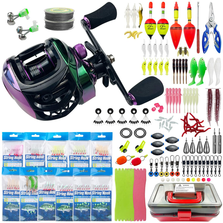 141 PCS Angelköder Angelrolle Set mit Baitcaster, Makrelenfedern Rig, Geflochtene Angelschnur, Weich