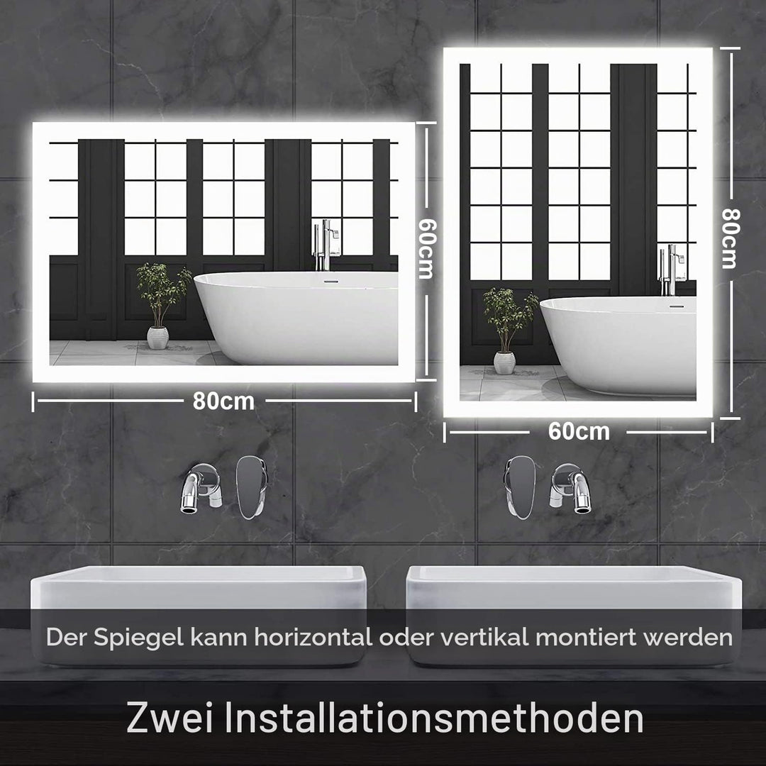 baklon Badspiegel mit Beleuchtung 800x600mm, Badezimmerspiegel Wandspiegel und Touch-Schalter, IP65-