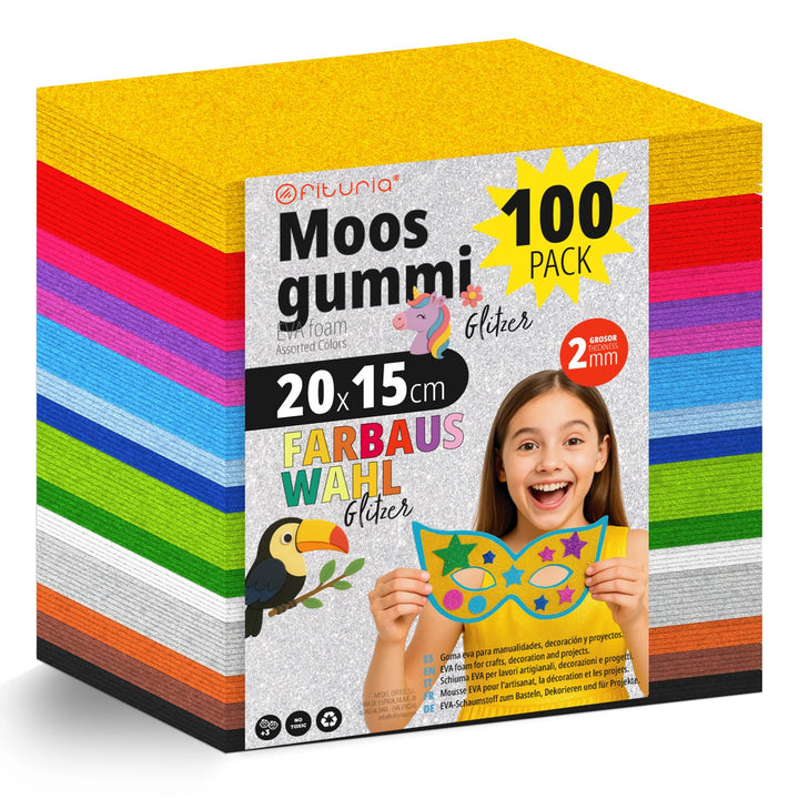 OFITURIA 100 Blatt Moosgummi Set, Bunte Farben, Format 20x15 cm – Ideal für Bastelprojekte, DIY, Sch