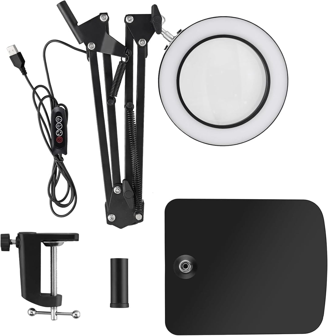 15X Magnifying Glass with Light, LED Desk Lamp with Base and Clamp, 3 Color Modes, 10 Brightness, 72