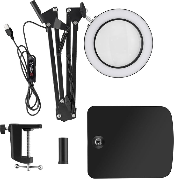 15X Magnifying Glass with Light, LED Desk Lamp with Base and Clamp, 3 Color Modes, 10 Brightness, 72