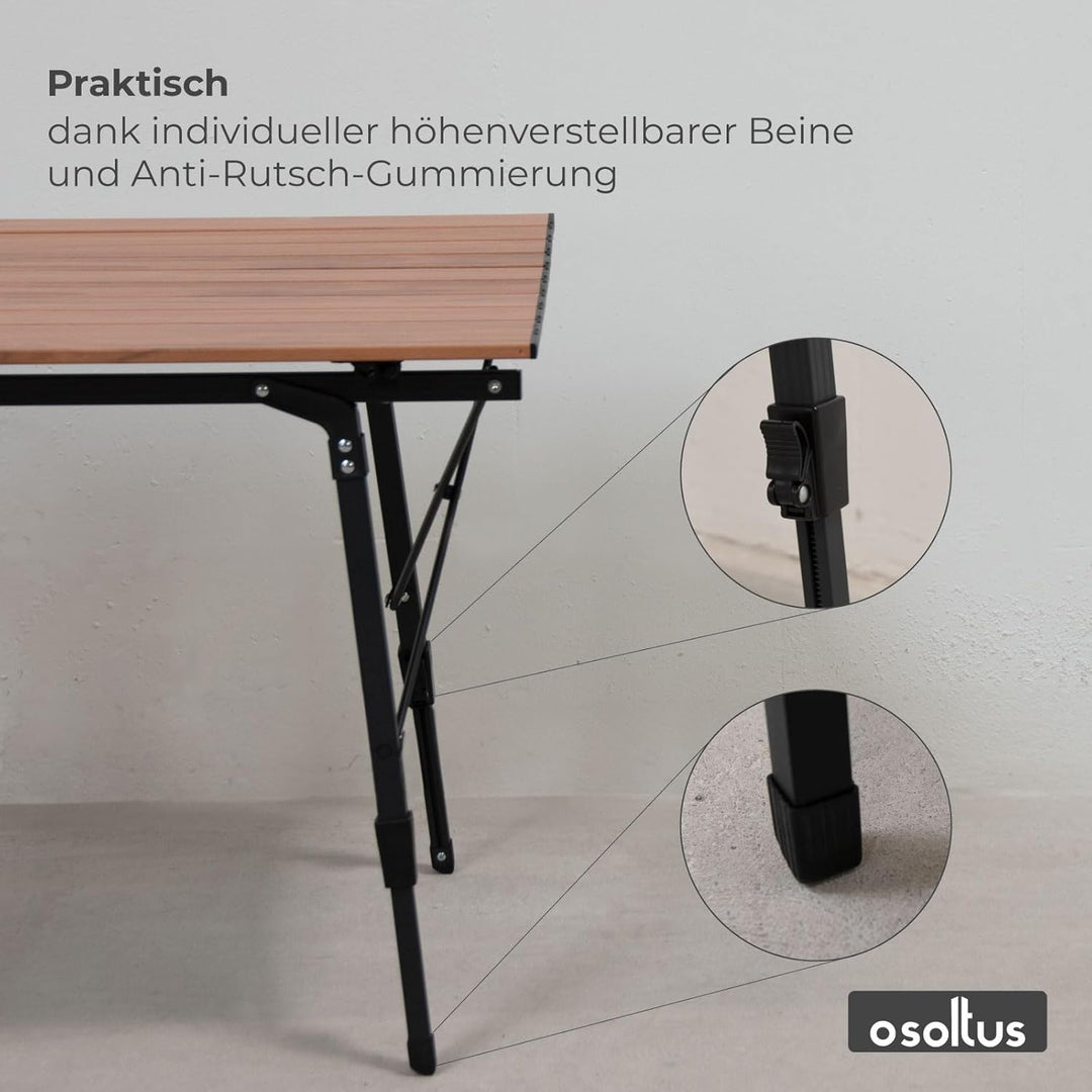 osoltus Campingtisch Fjord höhenverstellbar Aluminiumgestell | Klapptisch Holzoptik-Tischplatte 90cm