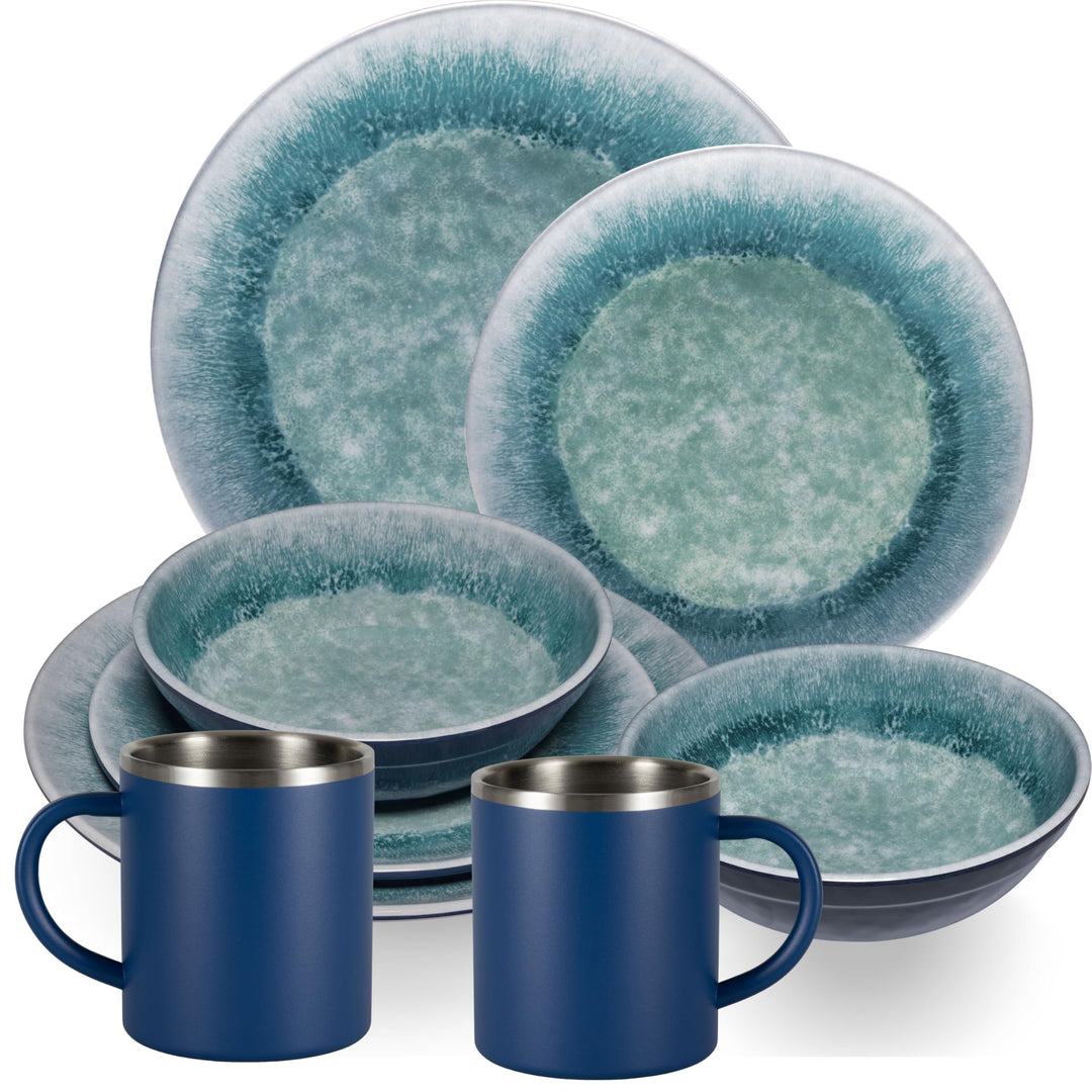 Melamin Geschirr Set Adria Blue Blau - mit Edelstahl Thermo Tassen Steingutoptik Essgeschirr Camping
