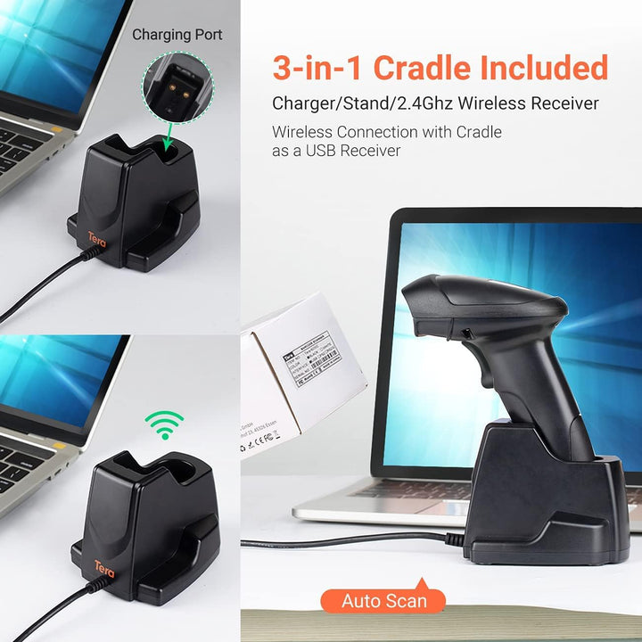 Tera Barcode-Scanner Wireless 2,4 GHz Barcodescanner für 1D 2D QR Barcodes Kabellos Barcode-Lesegerä