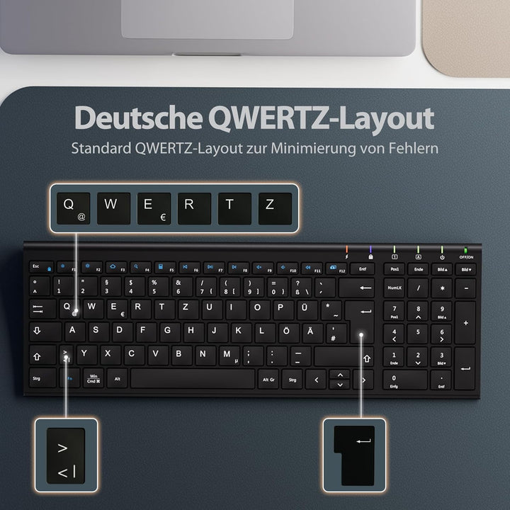 iClever 2.4G Tastatur Maus Set Kabellos, Aluminium Wireless Slim Tastatur QWERTZ Layout (Deutsch), f