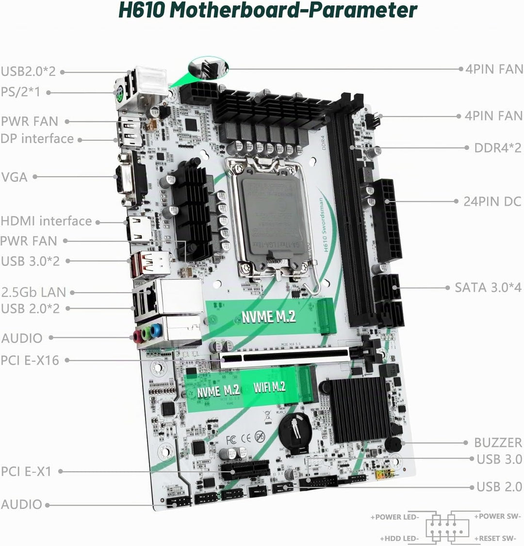 SHANGZHAOYUAN H610 Mainboard LGA 1700 Motherboard (μATX, 2*DDR4, SATA 3.0, USB 3.1, NVME M.2, WiFi M
