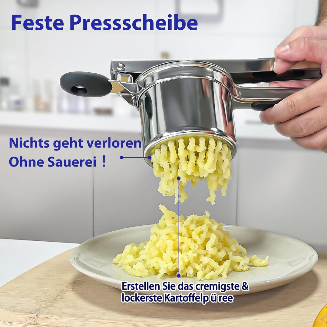 Kartoffelpresse Edelstahl, 405ML | Mit fester Ricer-Scheibe für fluffiges Kartoffelpüree | Silikongr