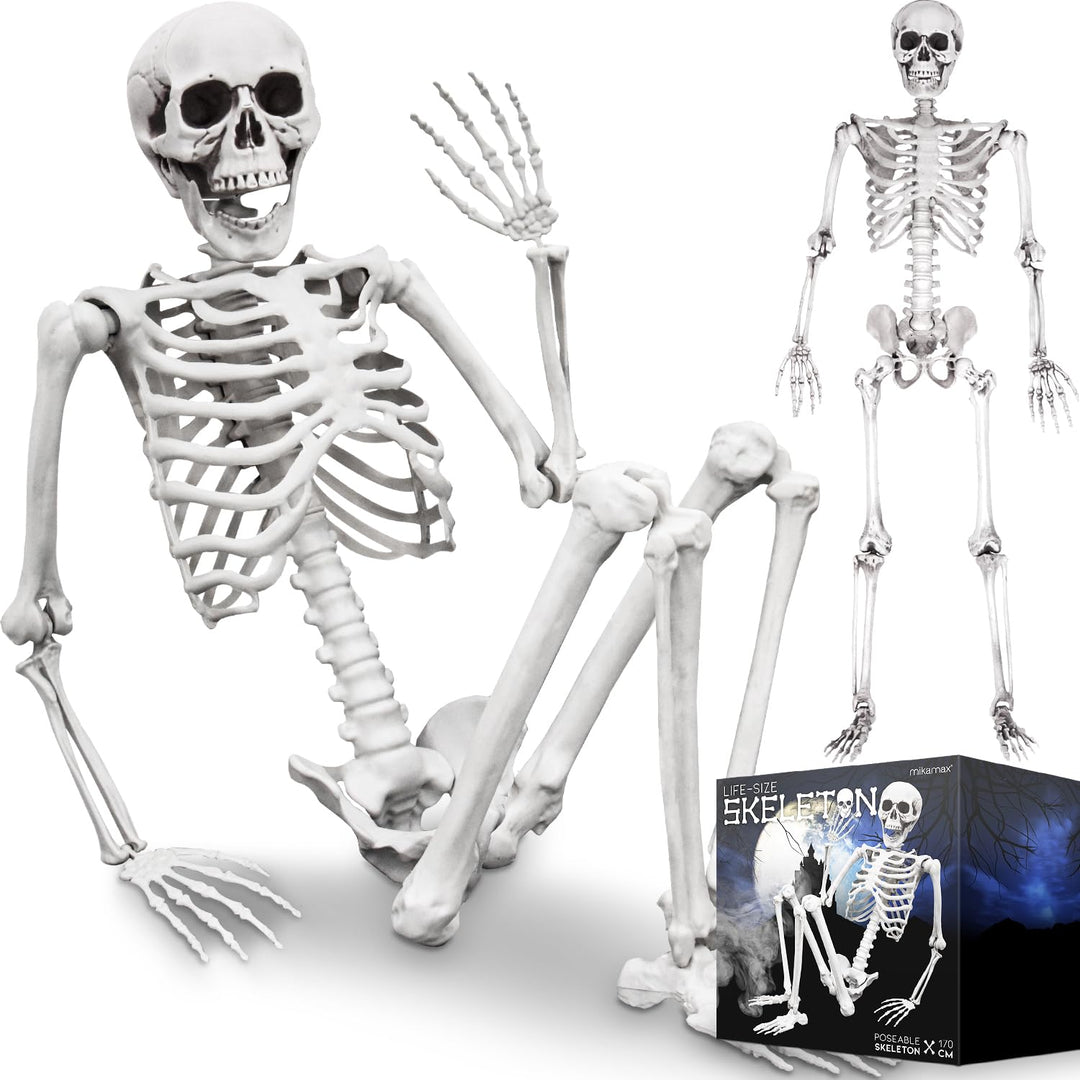 MikaMax Lebensgrosses Skelett 1,70 m, realistisches Design, Halloween-Dekorationsideen, Friedhofsspu