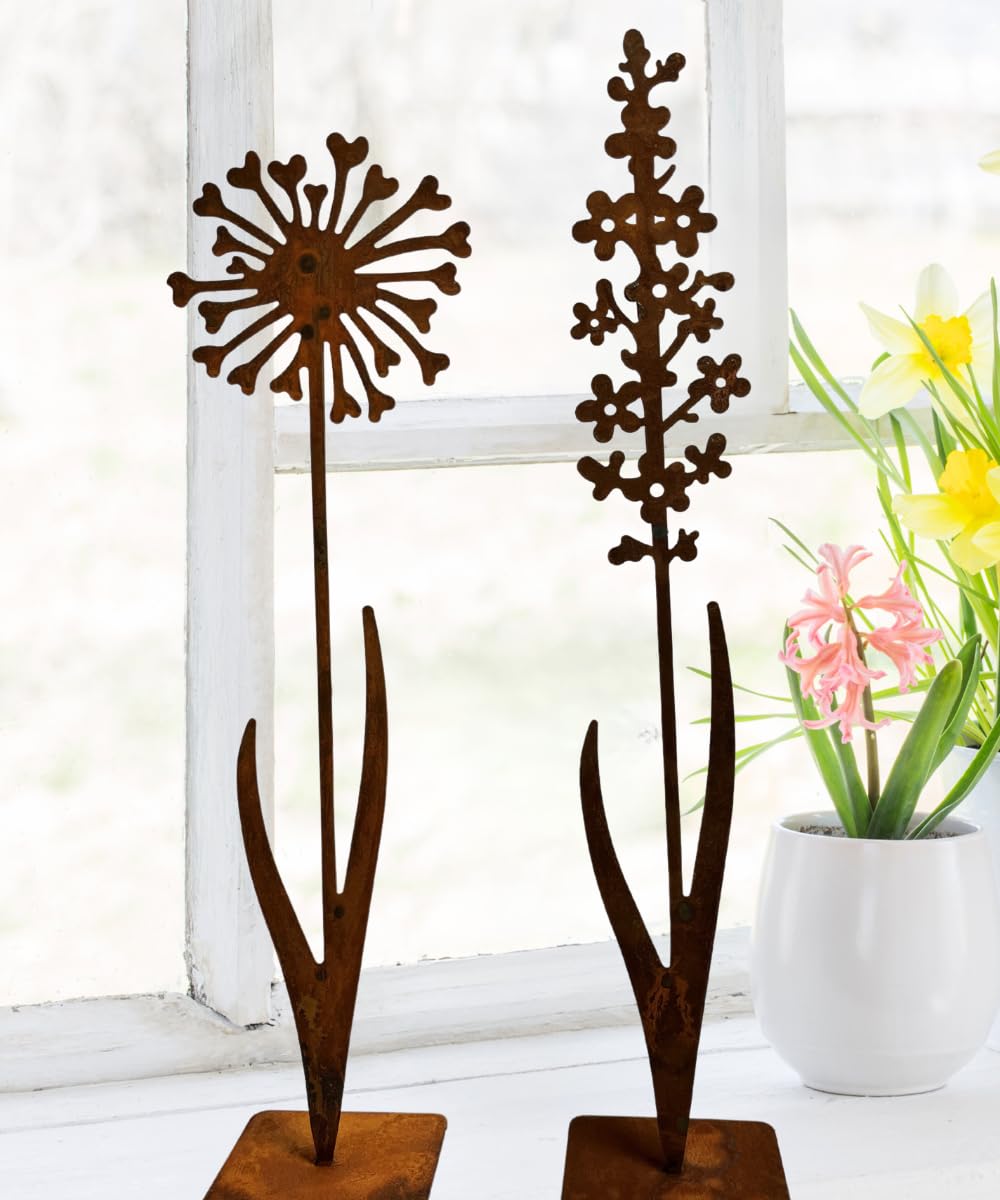Terma Stahldesign Rost Figur Blumen Set 60cm mit Bodenplatte Handmade Germany Pusteblume für drausse