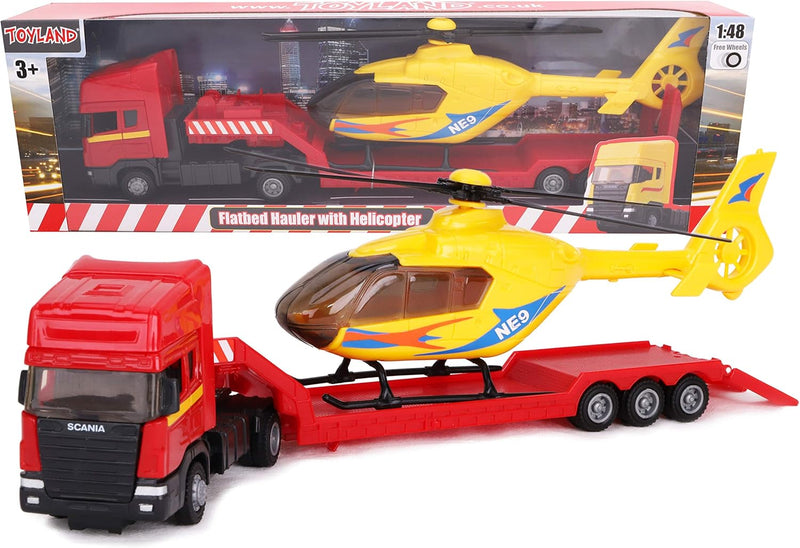 Toyland® Scania Pritschenschlepper mit Hubschrauber - Massstab 1:48 - Freilauf - Transportspielzeugs