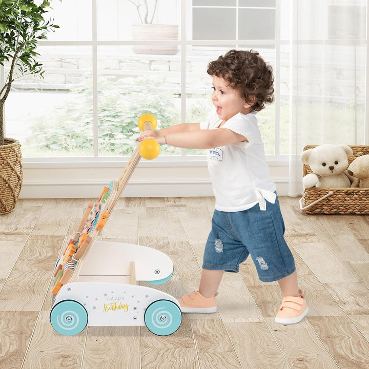 GOPLUS Lauflernwagen Holz, höhenverstellbarer Baby Lauflernhilfe, Baby Walker mit Xylofon &amp; Rutschbl