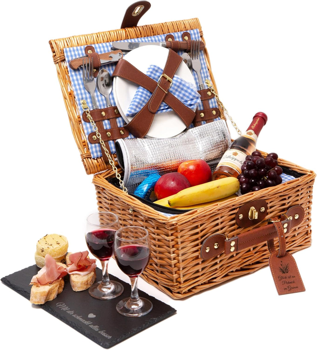 Picknickkorb für 2 Personen, Weidenkorb mit isoliertem Kühlfach, Picknickdecke, Schieferbrett, Tasch