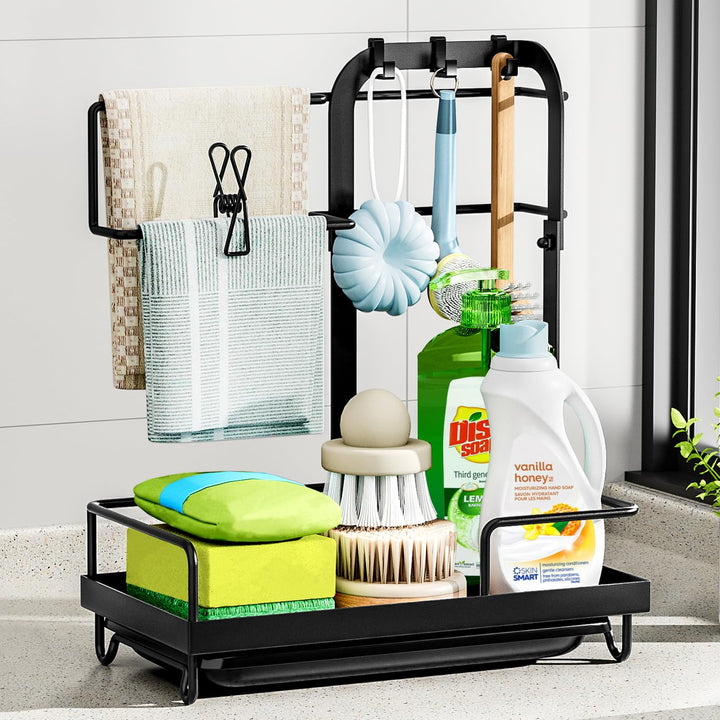 Küchen Spülbecken Organizer, Schwarz Spüle Organizer mit Abflusspfanne, Gross Waschbecken Schwammhal
