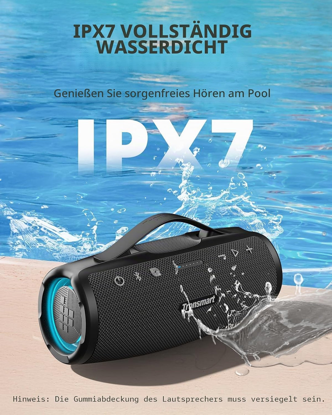 Tronsmart Mirtune S100 Bluetooth Lautsprecher, IPX7 wasserdicht, 5.3 Bluetooth, 20 Stunden Lange Akk