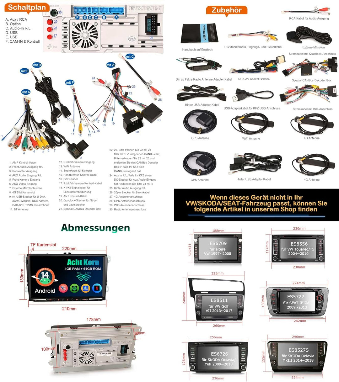 Erisin 8-Kern 4GB+64GB 9 Zoll Android 14 Autoradio Bluetooth GPS Navi Für VW T5 Golf 6/5 EOS Caddy P