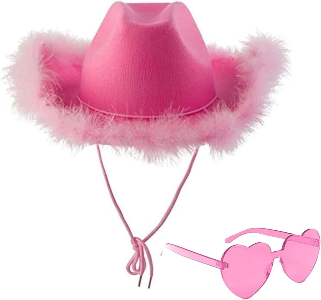 Rosy® Cow Girl Kostüm mit Rosa Hut und Herzförmiger Brille | Western-Stil mit diesem Cowboy Verkleid