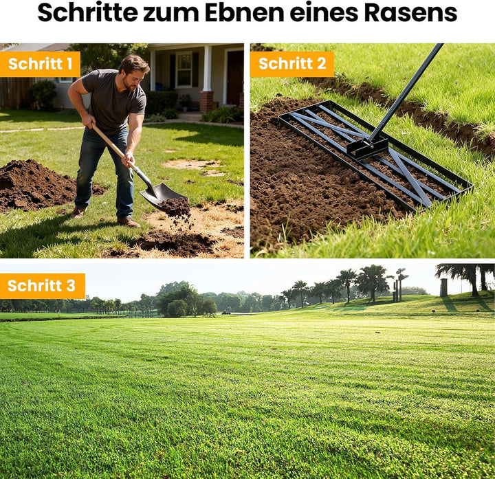 Rasen-Nivellierrechen 75x25cm Rasen Rakel Garten Lawn Leveling rake mit 190cm extra langem Stiel ras