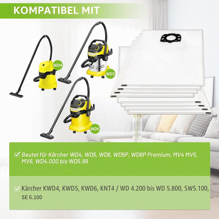10 Stück Staubsaugerbeutel für Kärcher 2.863-006.0 Vliesfilterbeutel 487 Ersatzbeutel WD4 WD5 WD6 WD
