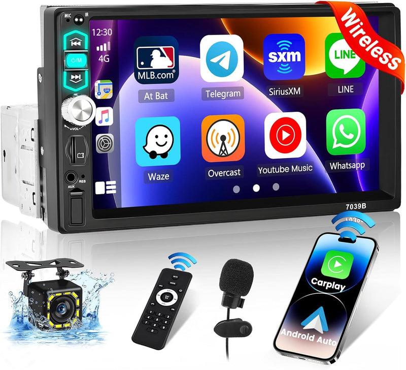 Hikity 1 Din Autoradio mit Wireless Carplay Android Auto 7 Zoll Touch Display Radio mit Bluetooth Fr