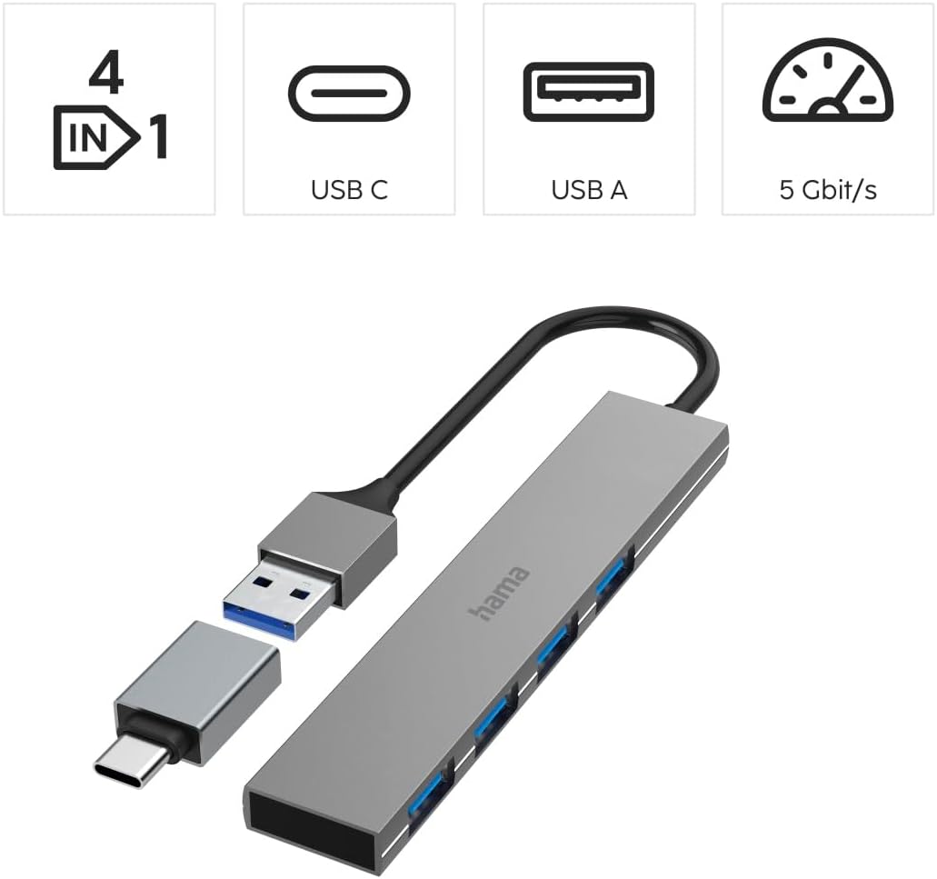 Hama USB-Hub 4 Ports (USB-A und USB-C-Anschluss, 4X USB-A für Maus, Tastatur, Externe Festplatte, US