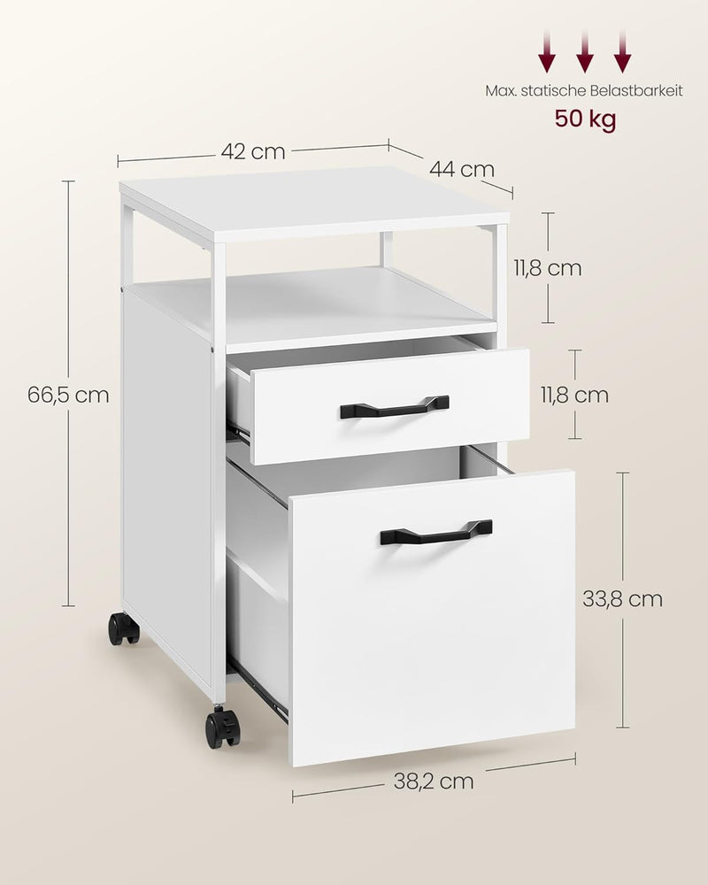 VASAGLE Rollcontainer, Aktenschrank mit 2 Schubladen, mobiler Büroschrank mit Rädern, offenes Fach,