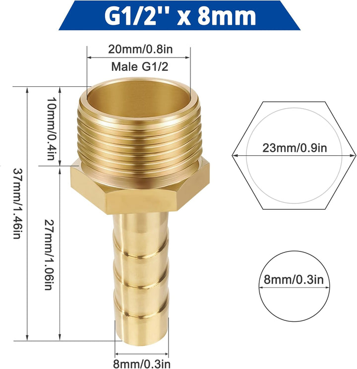 Messing Rohr Adapter, 12 Stück 8 mm Widerhaken x 1/2 Zoll Aussengewinde Rohrverbinder aus Messing mi