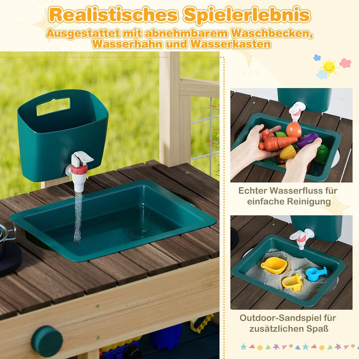 COSTWAY Matschküche Kinder Outdoor, Kinderküche mit Pflanzkasten & Rankgitter, Holzküche mit Wasserf