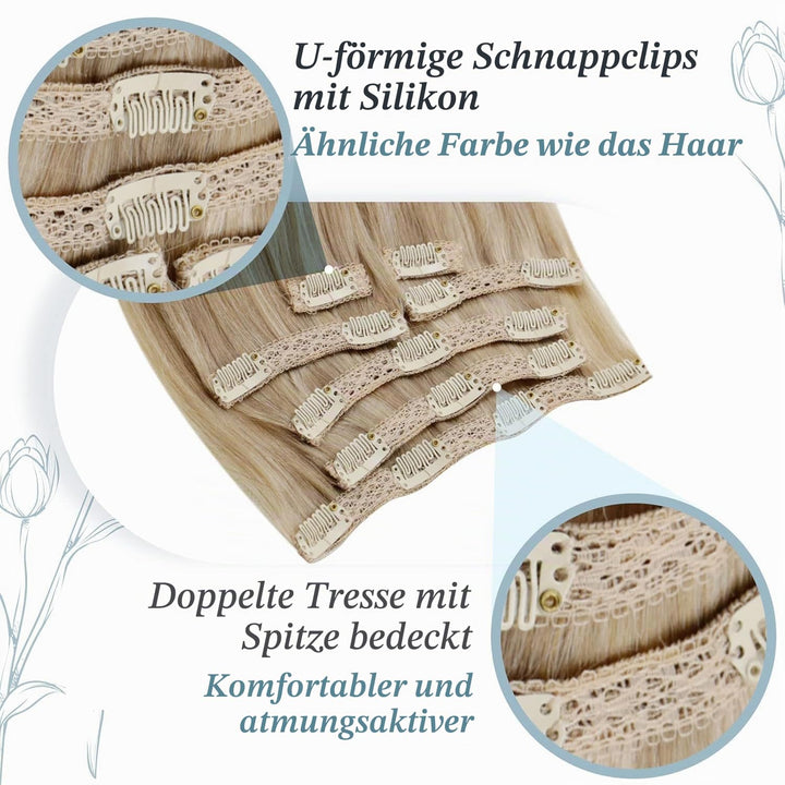 RUNATURE Clip in Extensions Echthaar Aschblond mit Goldblond 45cm 120g Echthaar Clip Extensions Remy