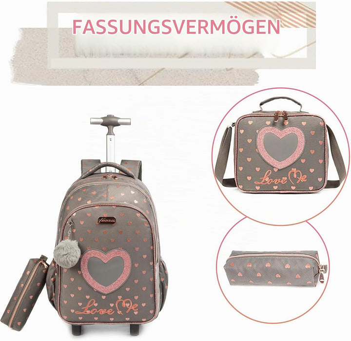HTgroce Schulranzen mit Rollen für Mädchen, Kinderrucksack mit Rollen Trolley Schulrucksack für Mädc