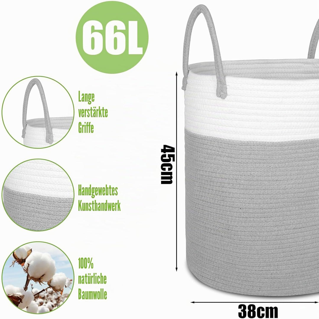 Wäschekorb Geflochten aus Baumwolle, 66L Wäschesammler Gross mit Henkel, Laundry Basket Aufbewahrung