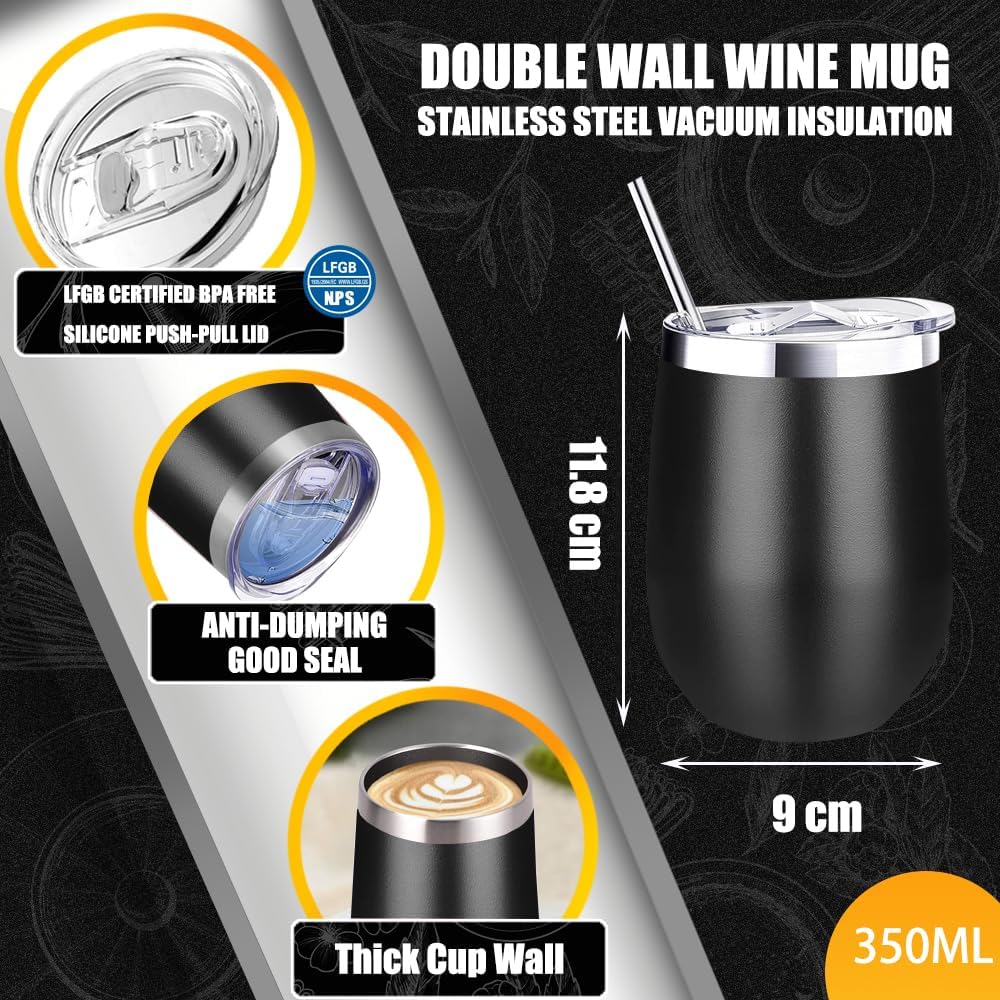 Wein Becher to go,2 Stück Weinglas to go,Edelstahl Weinbecher Isoliert mit Deckel,Sekt Camping Gesch
