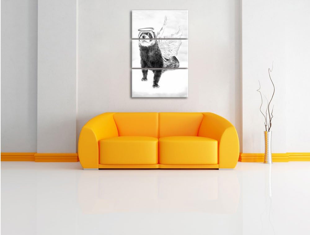 Pixxprint Süsses Frettchen im Engelsköstum Kunst B&W 3-Teiler Leinwandbild 120x80 Bild auf Leinwand