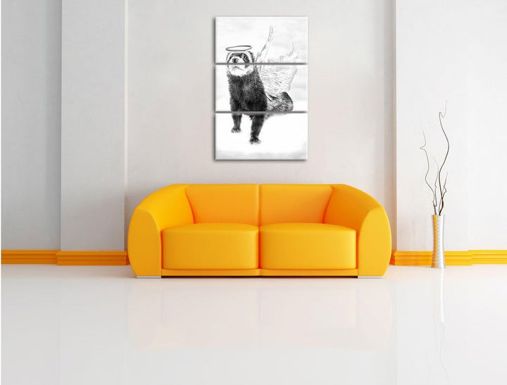 Pixxprint Süsses Frettchen im Engelsköstum Kunst B&W 3-Teiler Leinwandbild 120x80 Bild auf Leinwand