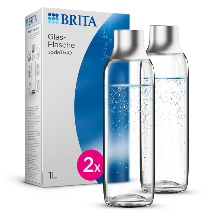 BRITA Glasflasche für sodaTRIO Wassersprudler (1l), 2er Pack Ersatzflaschen – leichte, elegante Wass