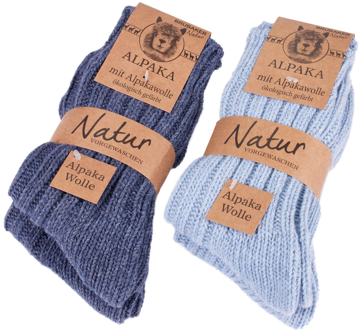Brubaker 4 Paar Alpaka Socken sehr dick flauschig und warm - reine Alpakawolle 35-38 Blautöne, 35-38